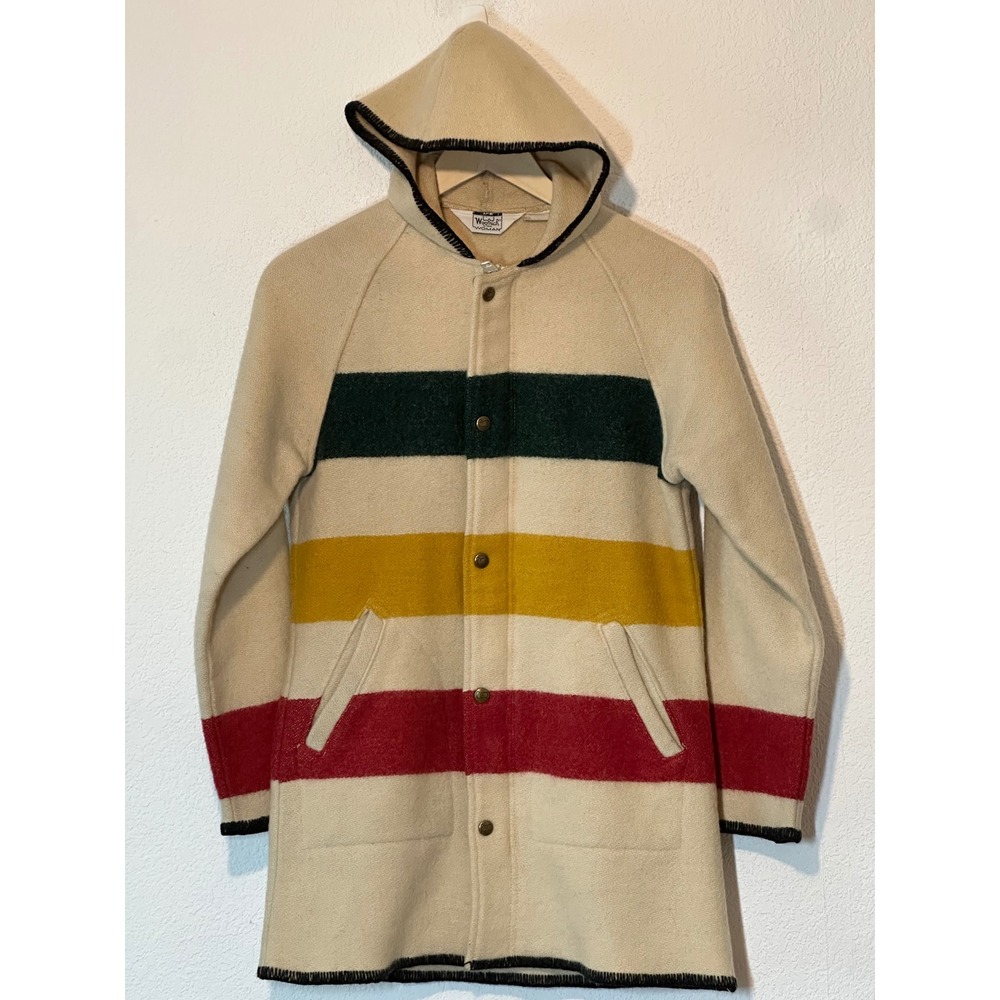 Vintage Woolrich Woman Hudson Bay Stripe Wool Hooded Parka Coat Cream Small